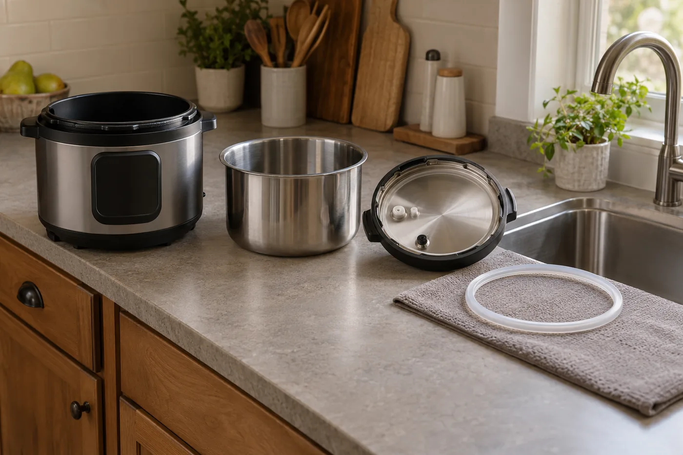 An unbranded electric pressure cooker beside a sink, with its cooled inner pot, removed lid, and silicone ring arranged for cleaning in an American kitchen