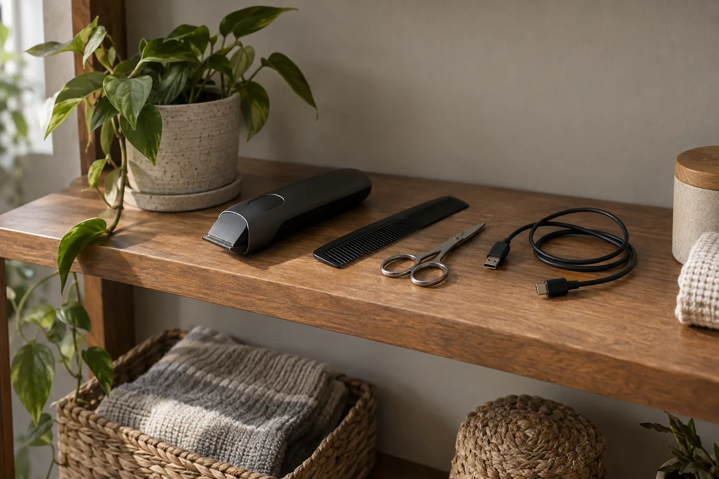Unbranded electric grooming tools and disconnected charging cables on a dry bathroom shelf away from a sink
