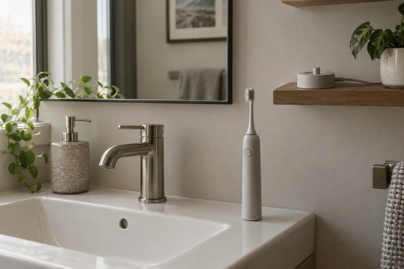 An unbranded electric toothbrush standing upright beside a bathroom sink, with its charger on a separate dry shelf