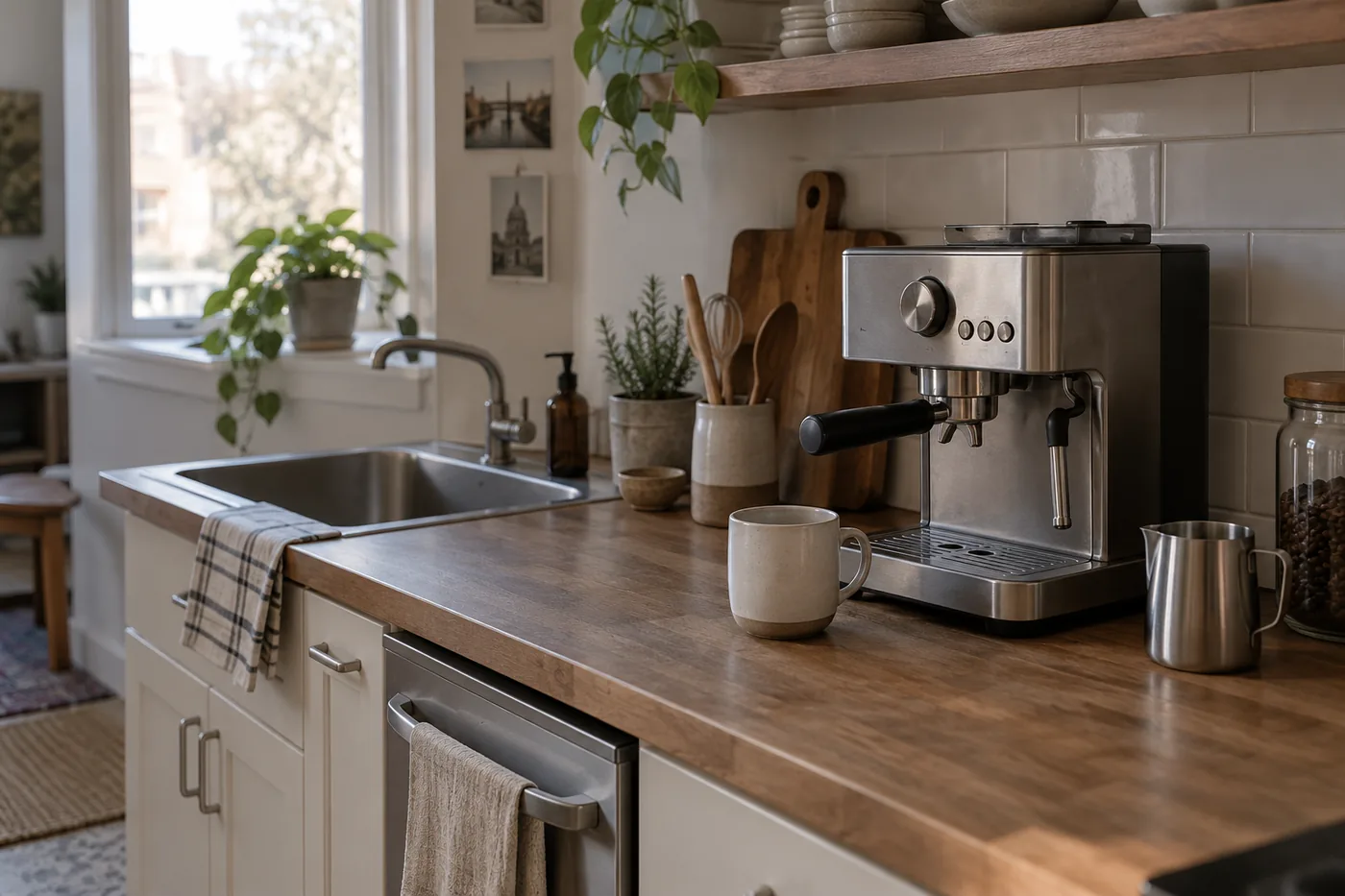 A coffee station on an American apartment kitchen counter with a plain espresso machine, mug, milk pitcher, and space for preparing grounds