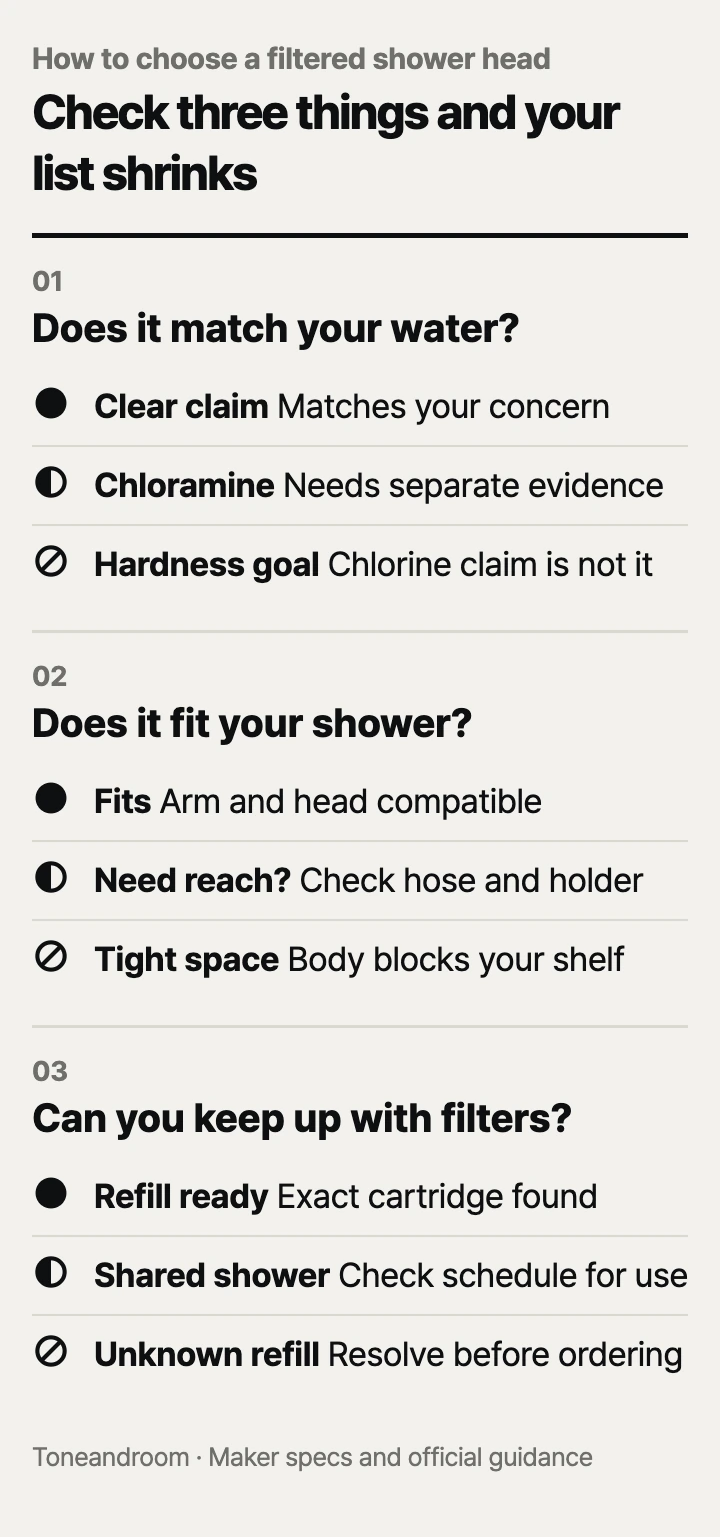 How to choose a filtered shower head: water match, installation fit, filter upkeep