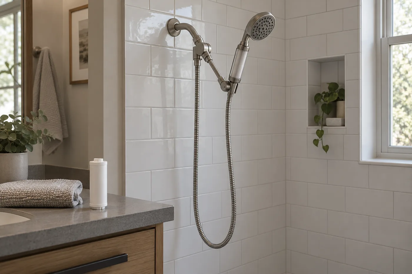 An American bathroom with a shower arm, a handheld hose clear of a shelf, and a replacement cartridge on a dry counter