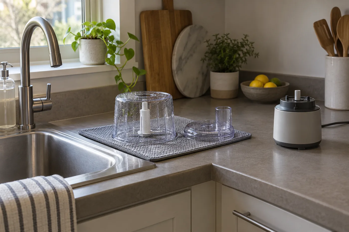 An unbranded electric food chopper with its removable bowl and lid drying beside a small American apartment kitchen sink