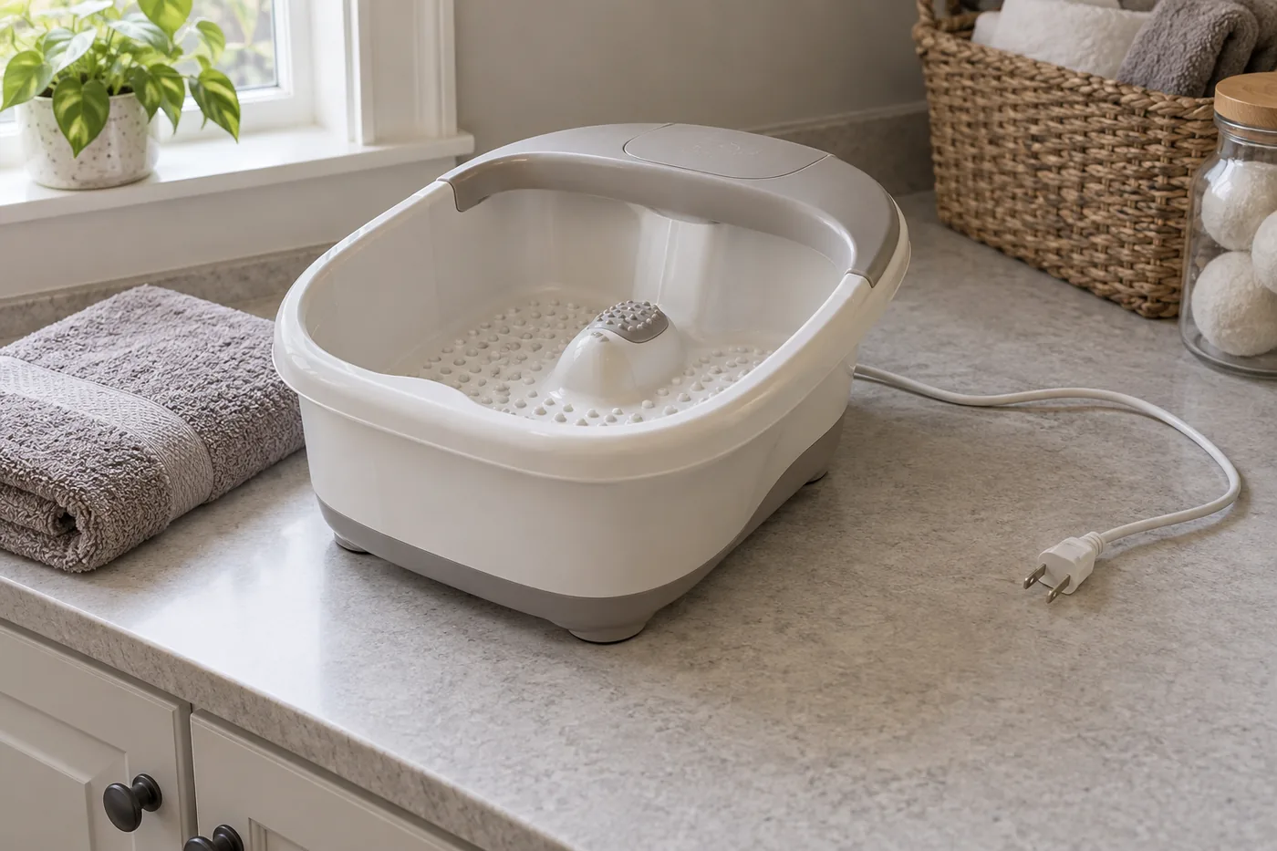 An unplugged generic foot spa drying beside a folded towel in an American home's utility area
