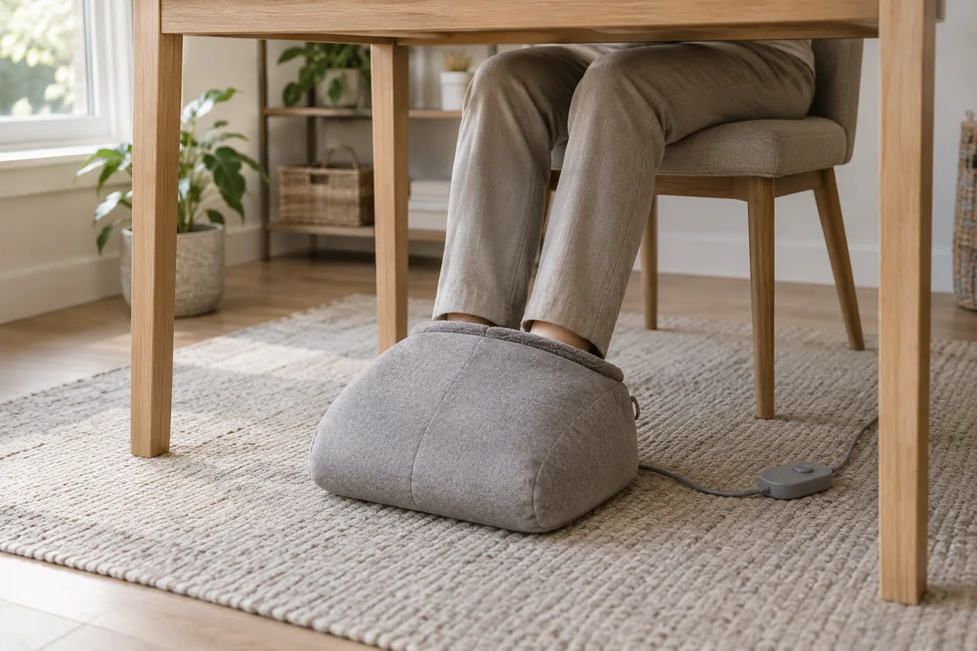 A home office chair beside a soft foot pocket, with an accessible controller and a clear view of the surrounding floor