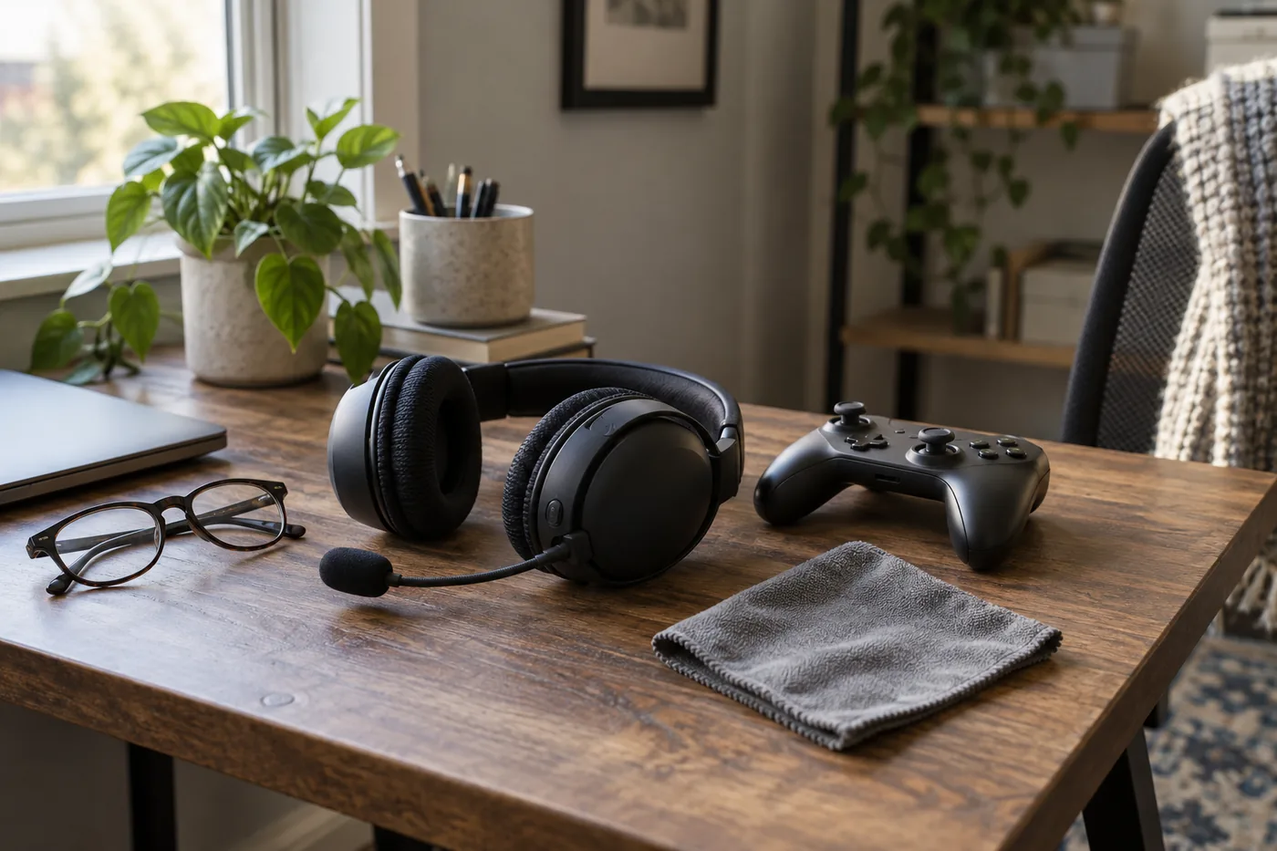 An unbranded gaming headset beside glasses and a controller on a small home office desk, with a microfiber cloth nearby
