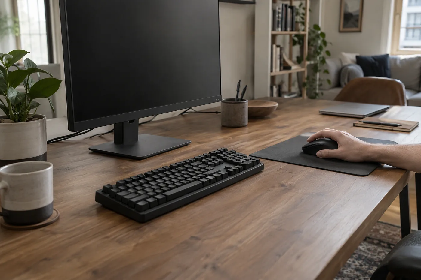 A gaming mouse and keyboard on a shared American home desk, with clear mouse-pad space and a loose cable routed behind the monitor