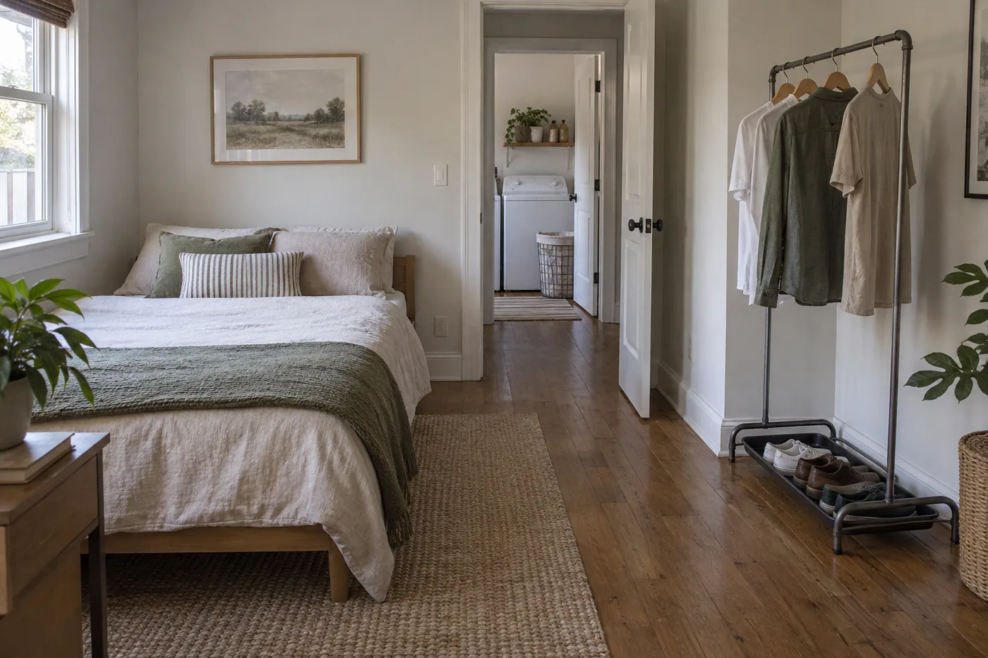 A compact apartment bedroom with an unbranded garment rack, spaced shirts, a low shoe tray, and a clear path to the laundry area
