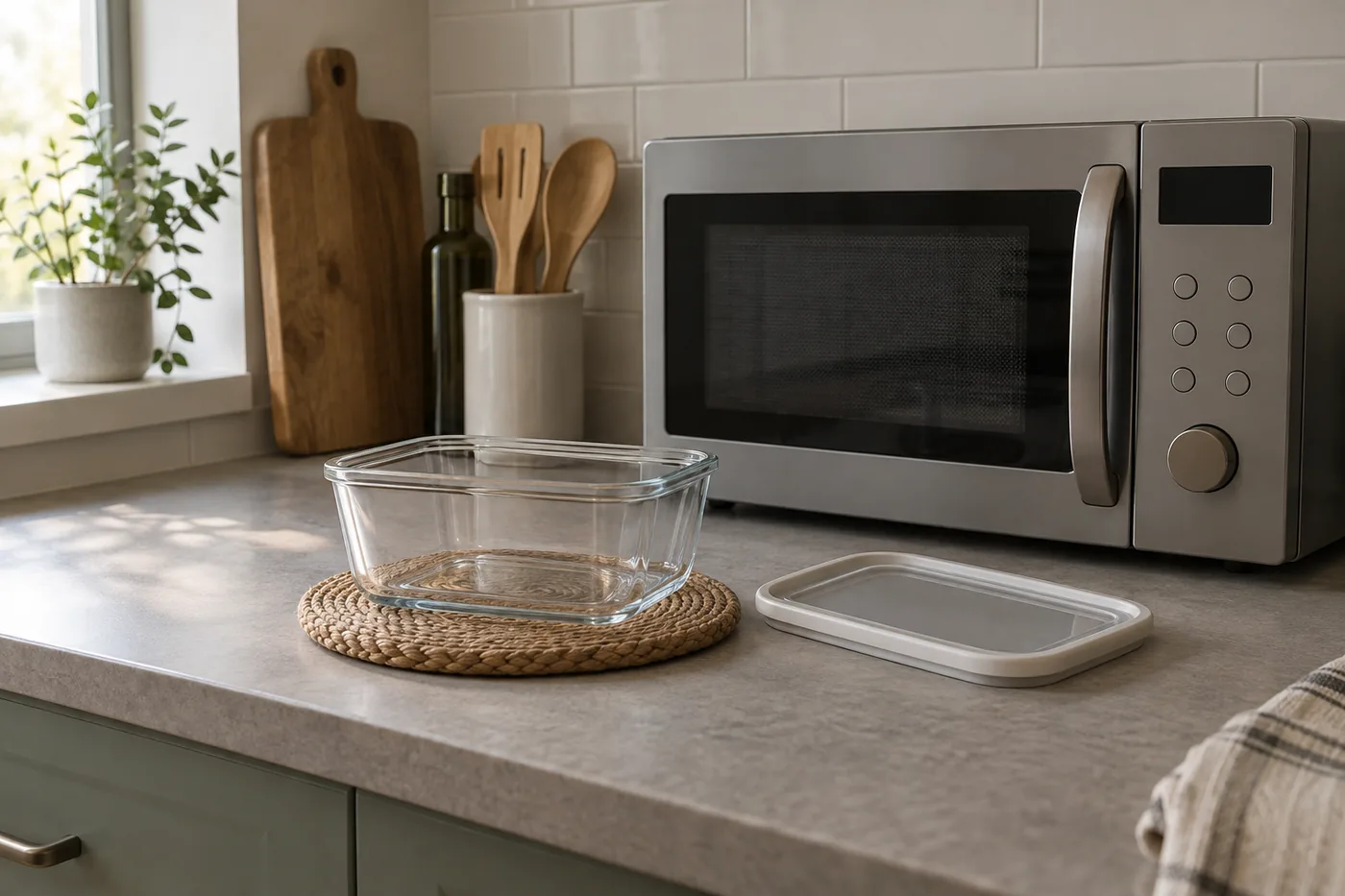 An unbranded glass container on a dry trivet beside a microwave, with its detached lid on a kitchen counter