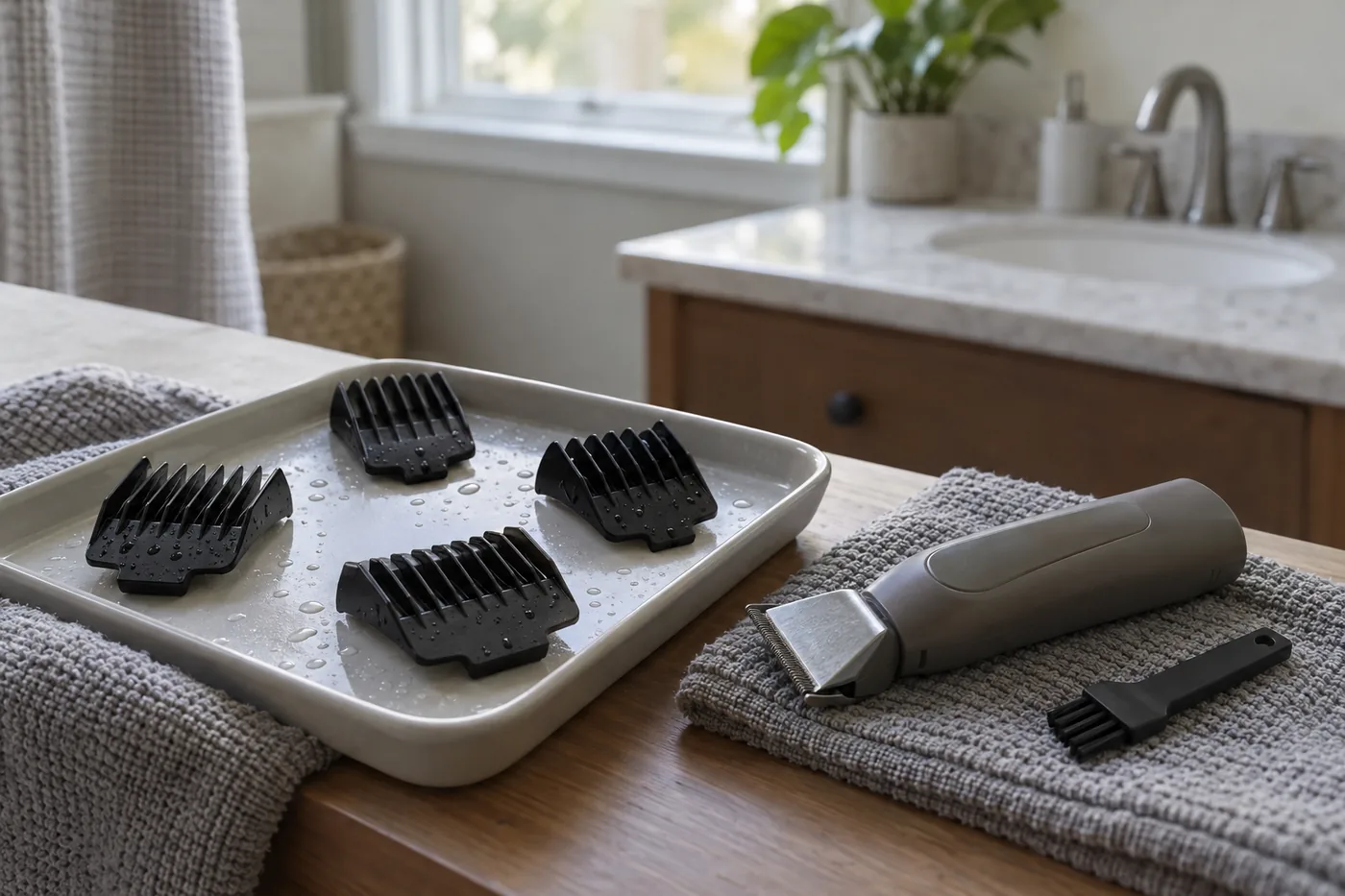 Detached clipper guards air-drying on a tray beside a dry handle and cleaning brush in an American bathroom