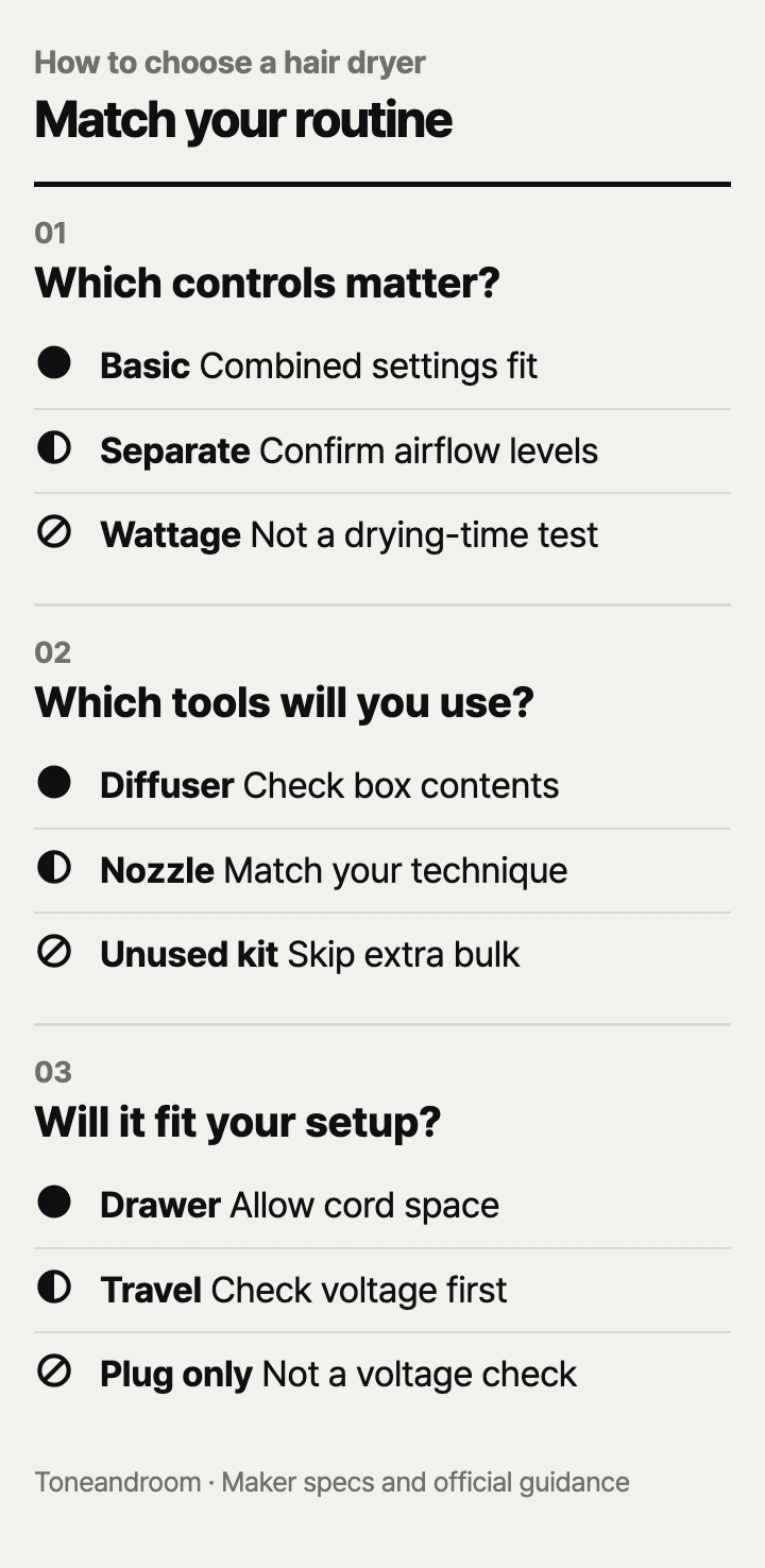 How to choose a hair dryer: airflow controls, attachments, storage