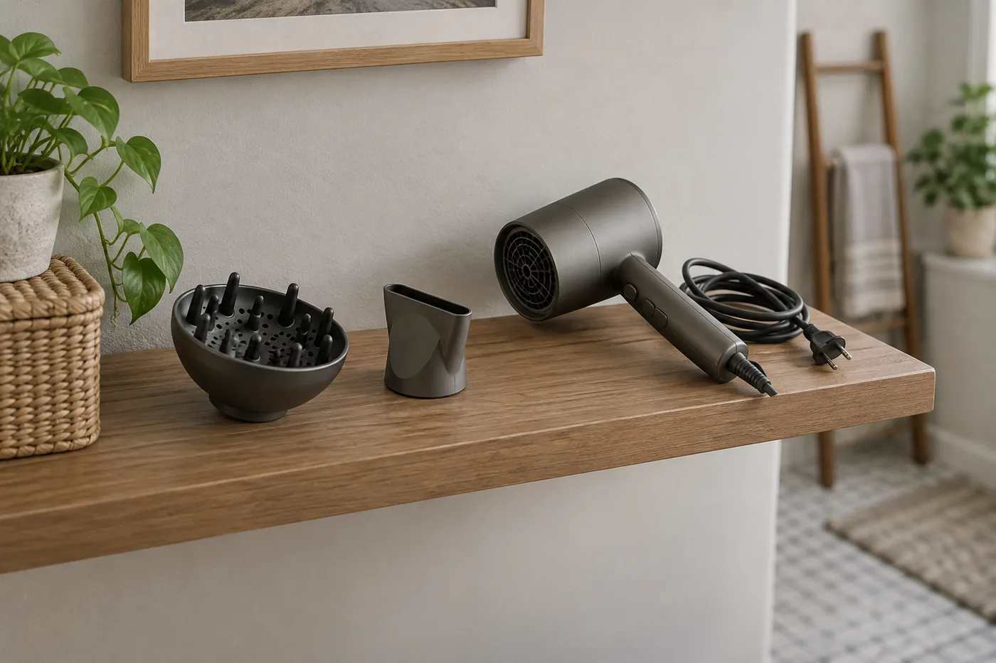 An unbranded handheld hair dryer and diffuser arranged on a dry bathroom shelf away from the sink