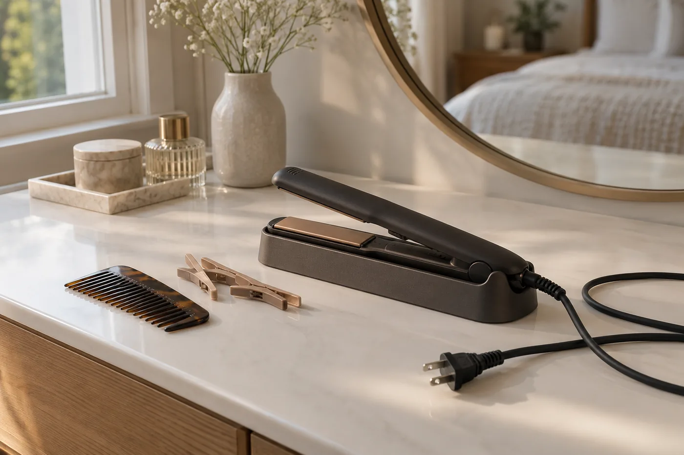 An unbranded flat iron, sectioning clips, and comb arranged on a bedroom vanity with clear counter space
