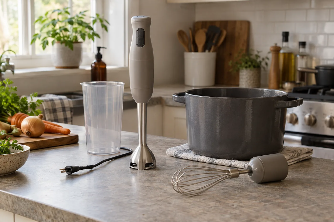 An unbranded immersion blender beside a deep soup pot, a tall mixing cup, and detached attachments on an American kitchen counter