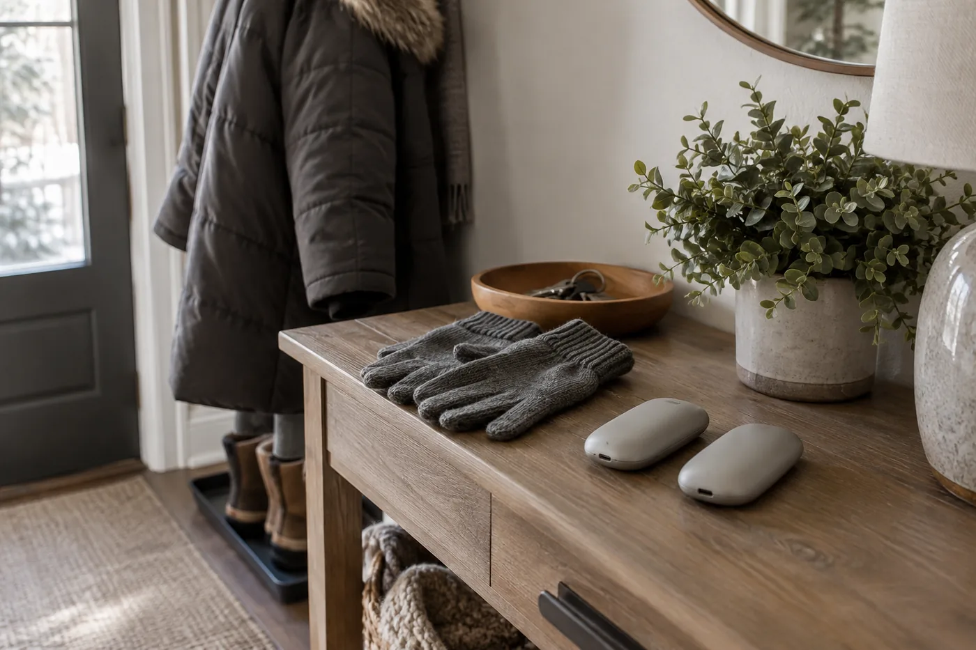 Winter coat and gloves beside a generic pair of rechargeable hand warmers on an American home's entryway console
