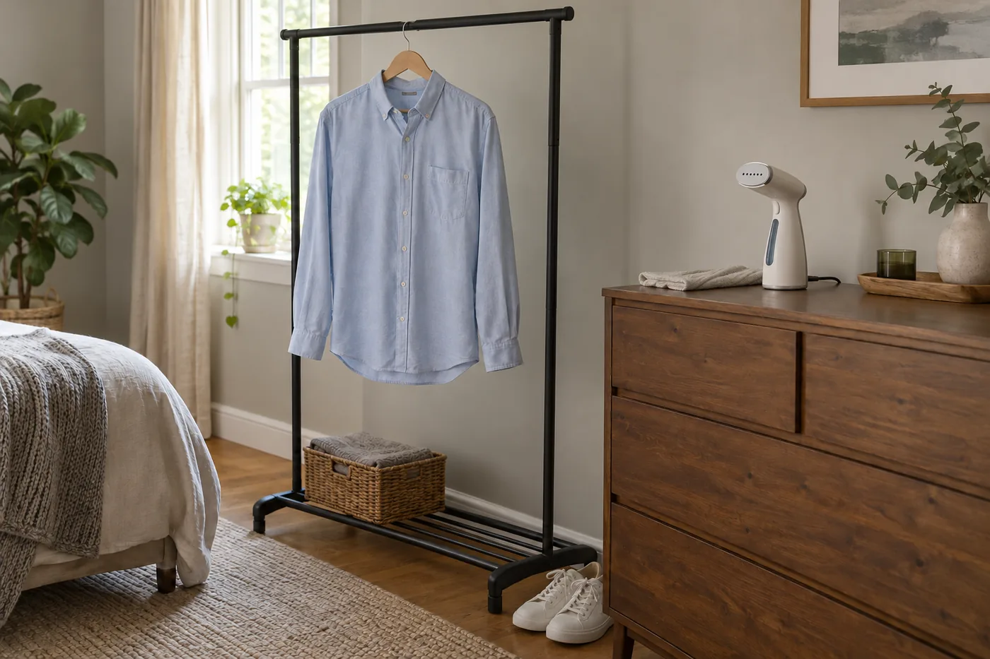 A shirt hanging from a freestanding garment rack beside a bedroom dresser, with an unbranded handheld steamer nearby