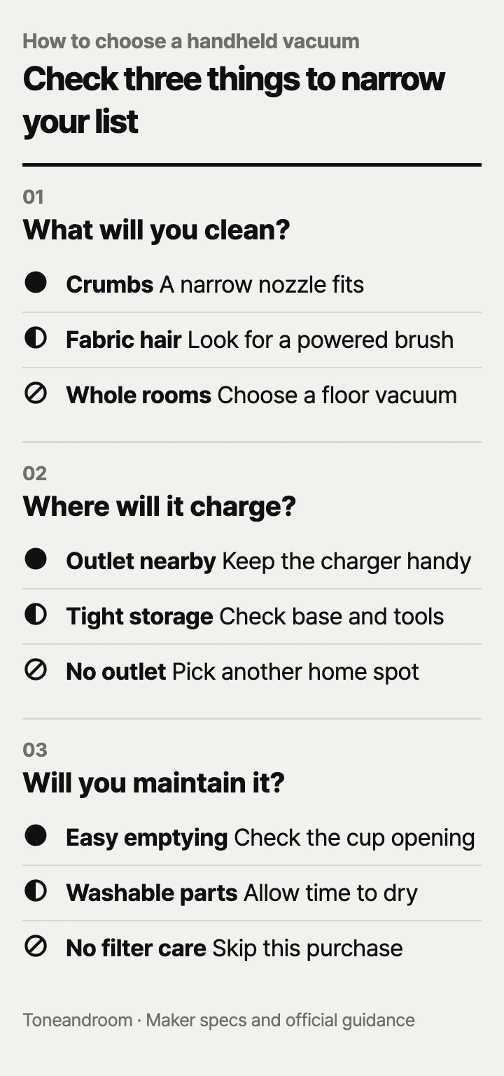 How to choose a handheld vacuum: tools, charging space, filter care