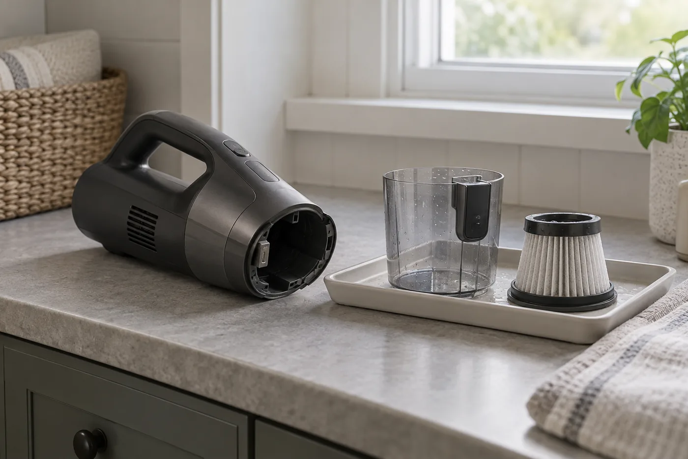 A handheld vacuum beside its detached dust cup and filter drying on a utility-room counter in an American home