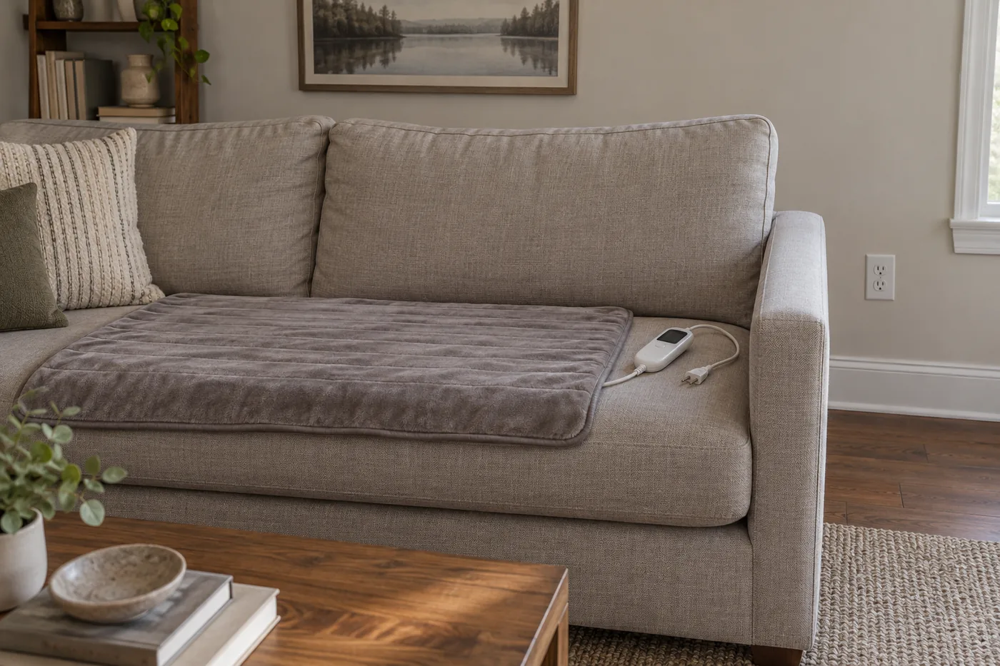 An unpowered generic heated throw laid flat on a couch with its controller beside it and a visible wall outlet
