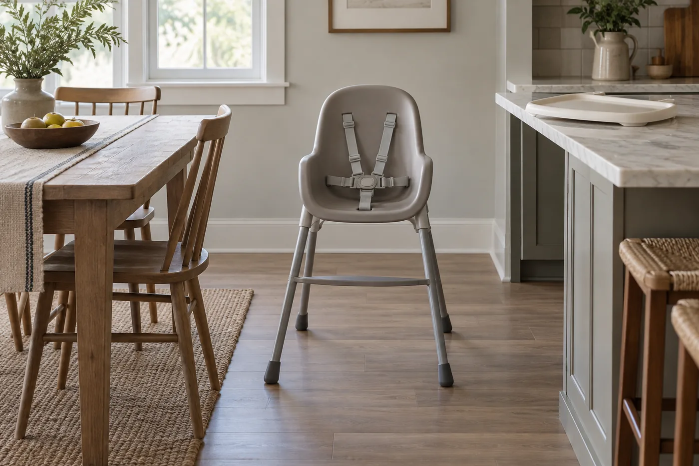 An empty generic high chair beside a dining nook, with its harness visible and room for an adult to approach