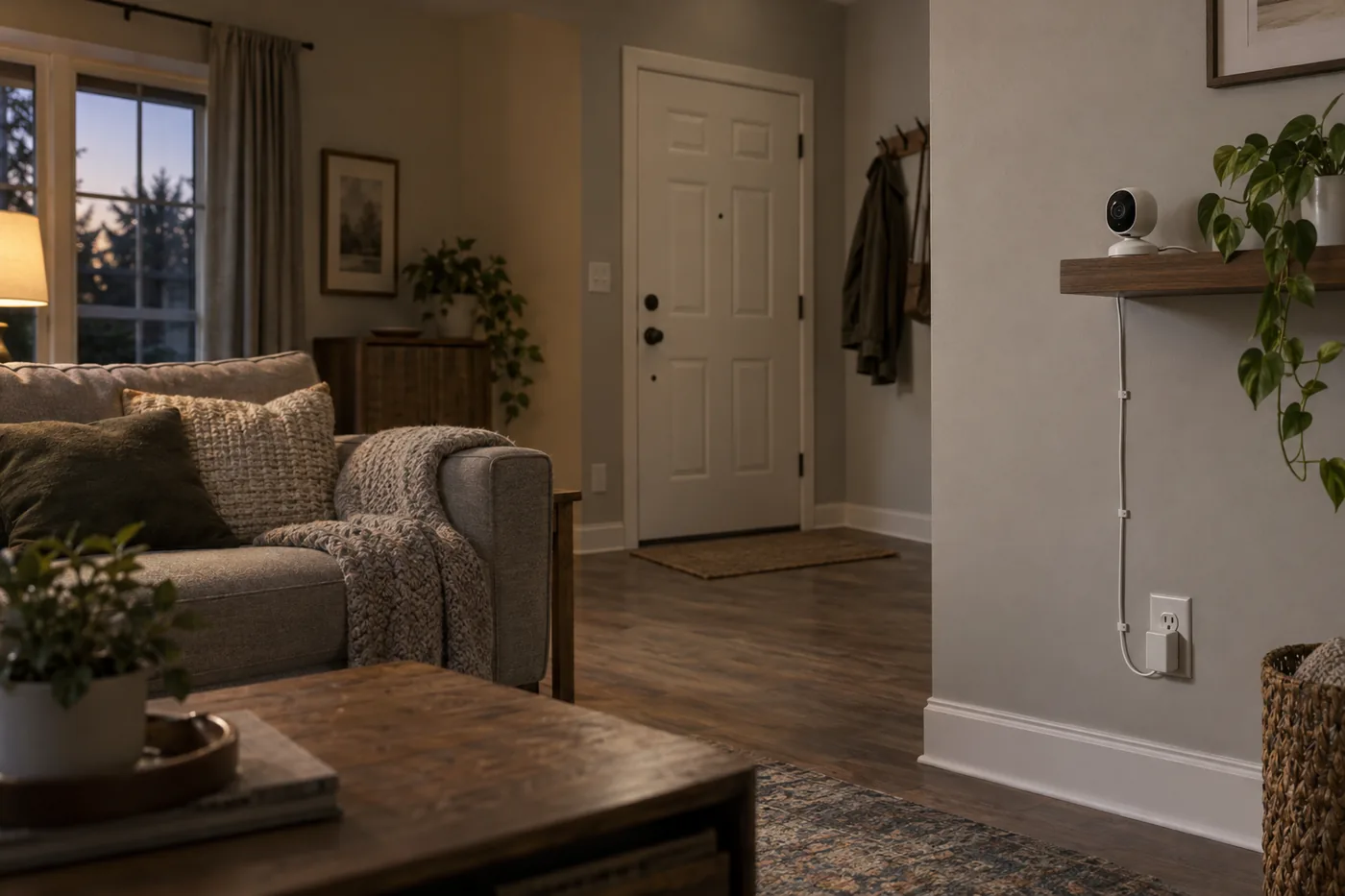 A compact indoor security camera on a living room shelf with its power cable routed to a nearby outlet and a clear view toward the entry