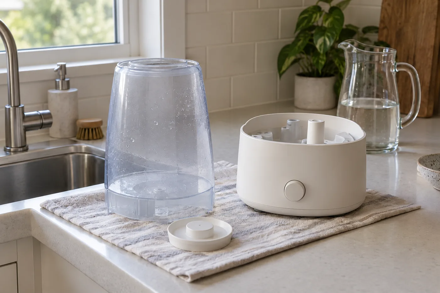 An unbranded humidifier on an uncluttered bedroom table beside a humidity meter, with space to lift its lid
