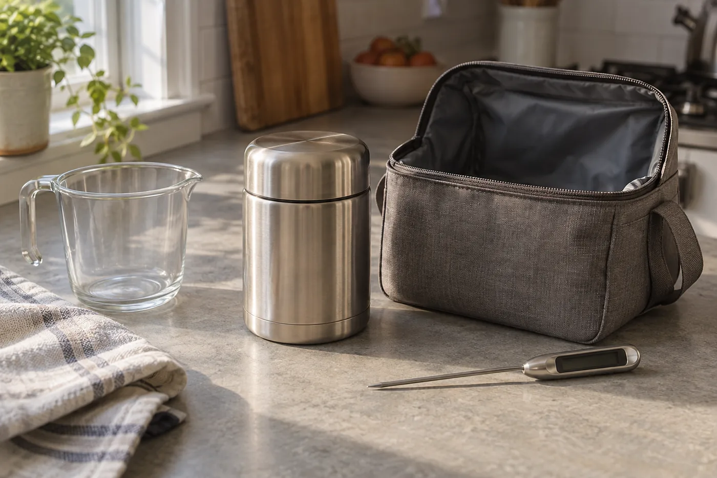 An unbranded insulated food jar beside a lunch bag, measuring cup, and food thermometer on an American kitchen counter