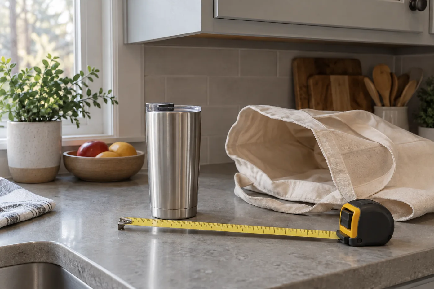 An unbranded insulated tumbler beside a tape measure and an open tote on a compact American kitchen counter