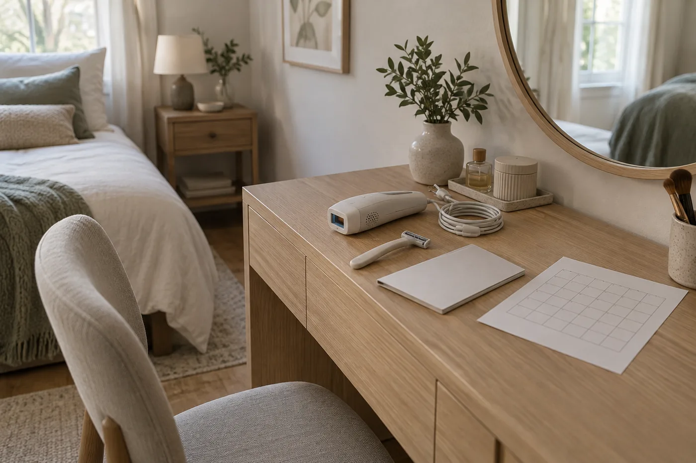 An IPL handset, razor, and treatment calendar arranged on a bedroom vanity beside a chair