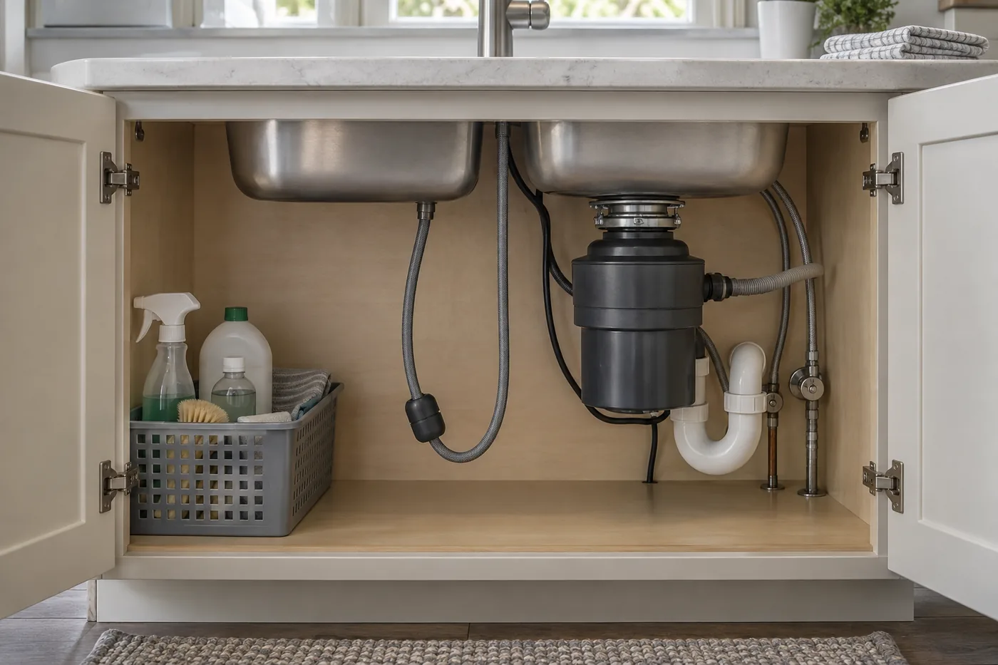 An open American kitchen sink cabinet showing a clear hose path beside a garbage disposal and a moved cleaning basket