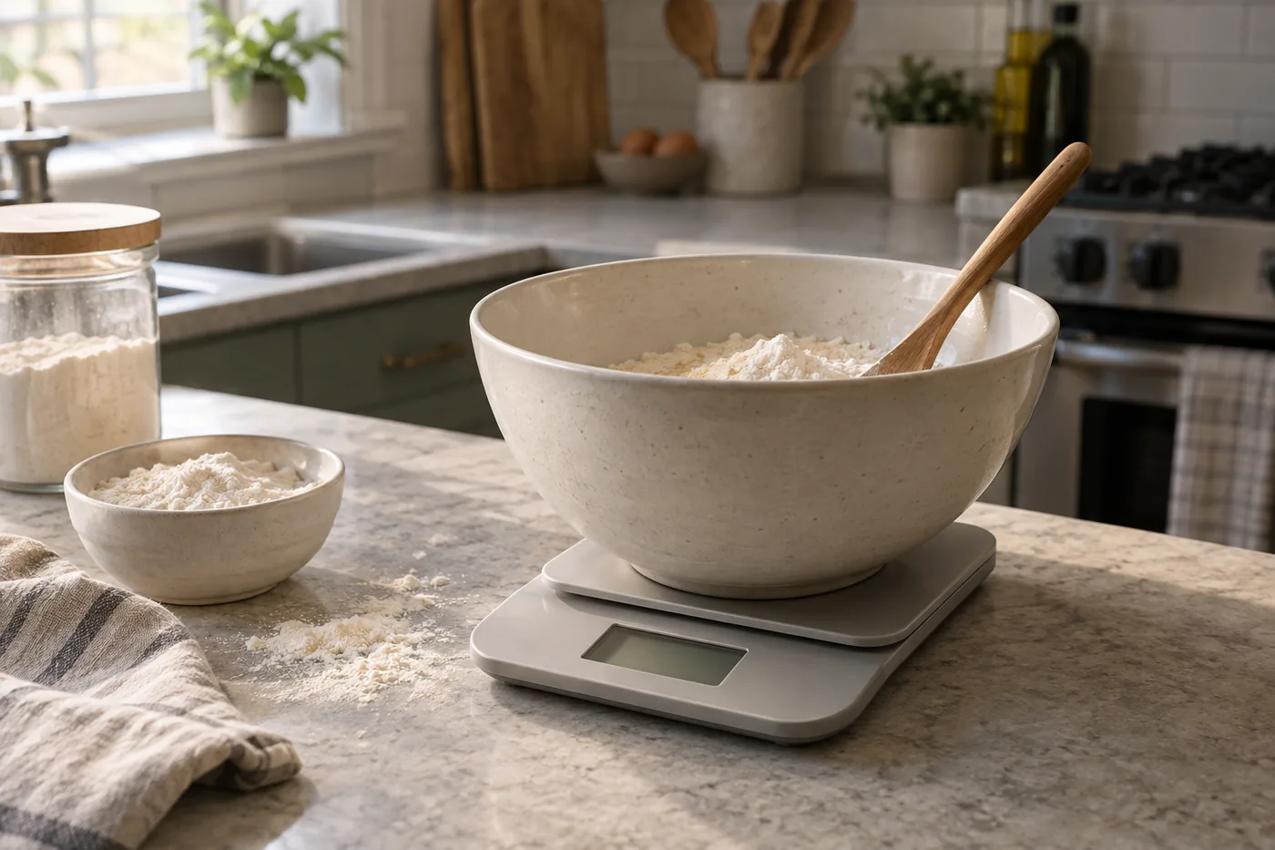 A wide mixing bowl on a generic kitchen scale, with room to read the display on an American kitchen counter