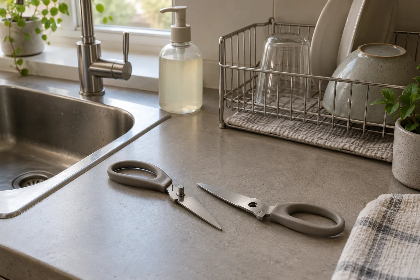 Separated unbranded kitchen shears beside dish soap and a drying rack in a compact American kitchen