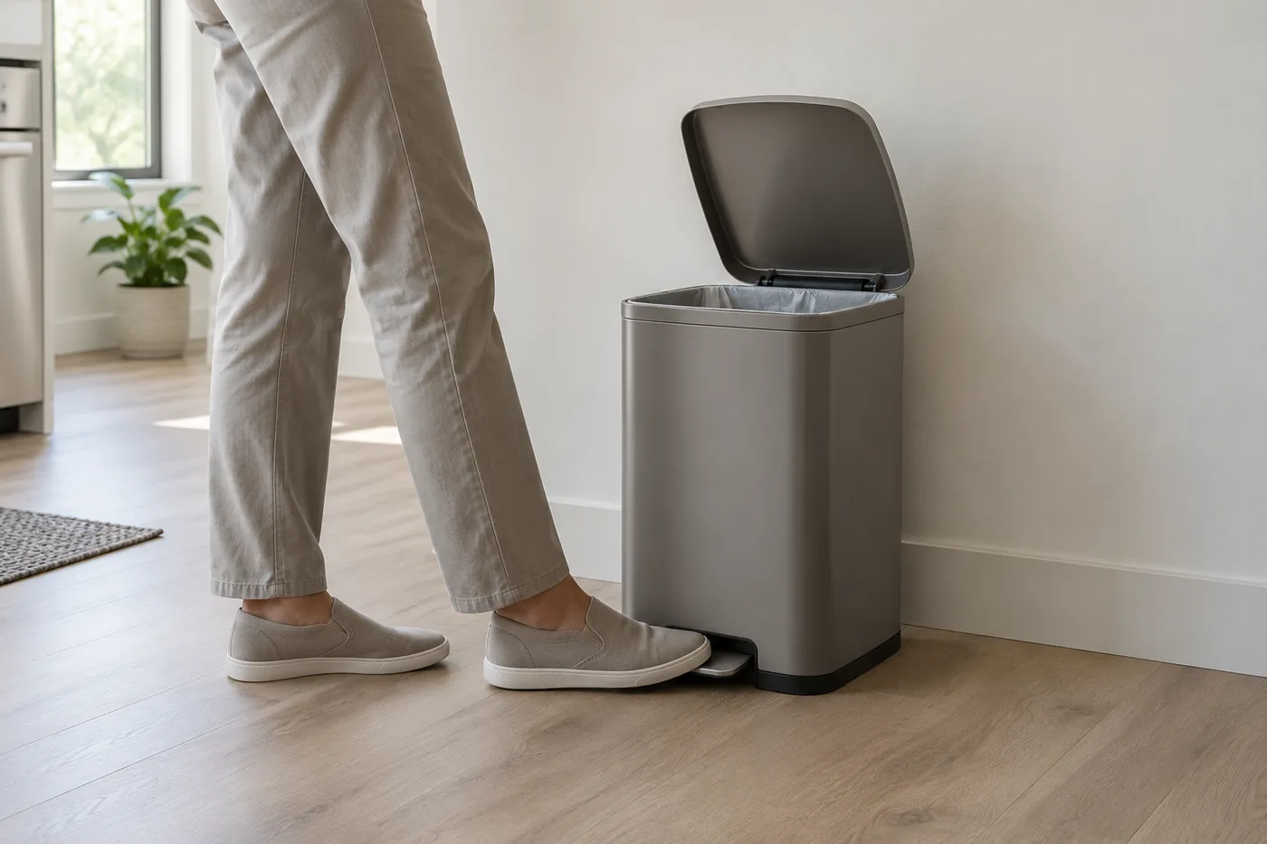 A generic pedal trash can beside a kitchen island with clear standing space and an unobstructed lid