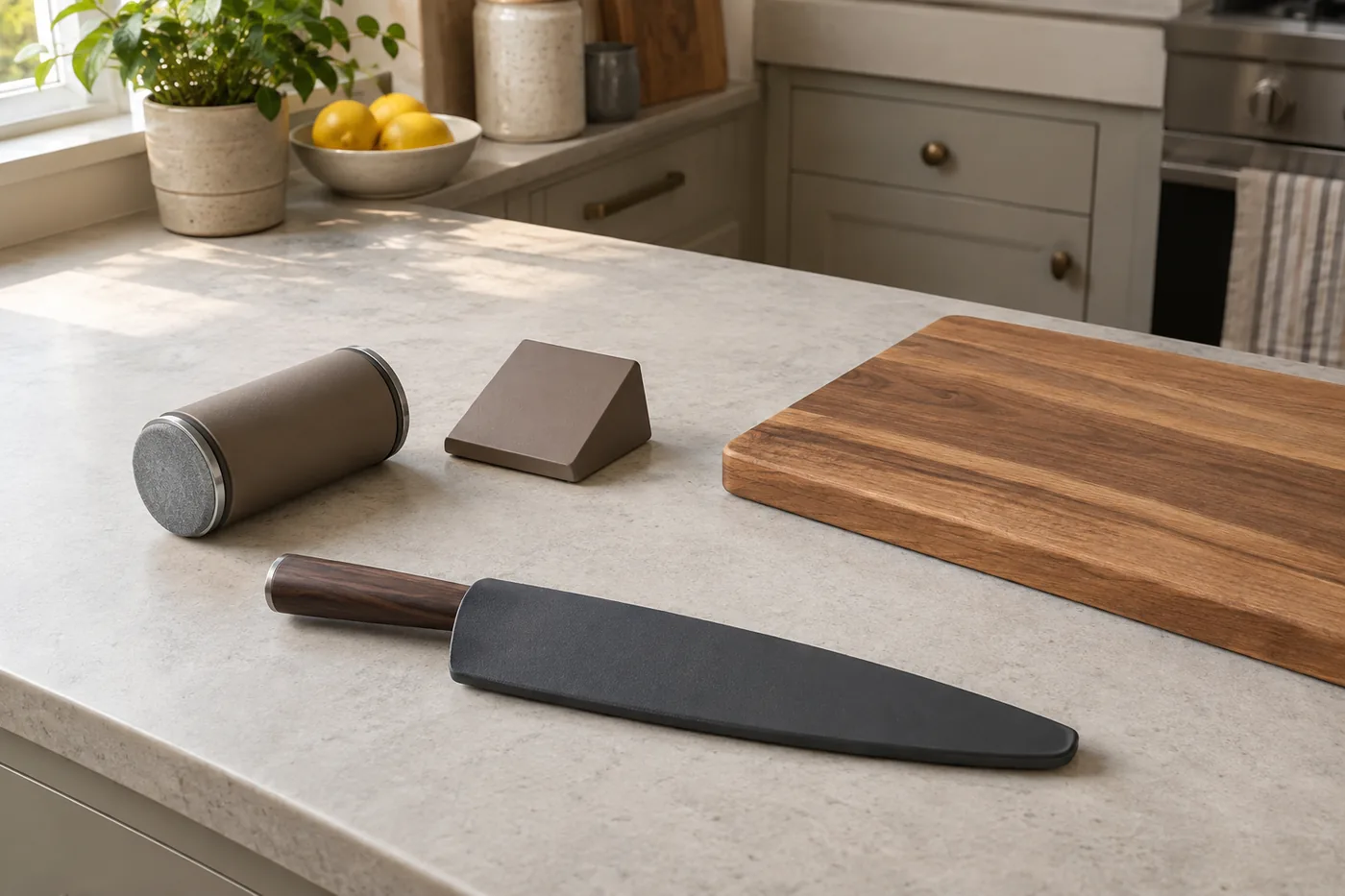 A clear kitchen counter with a generic rolling sharpener, magnetic guide, and room for a chef's knife beside a separate preparation area