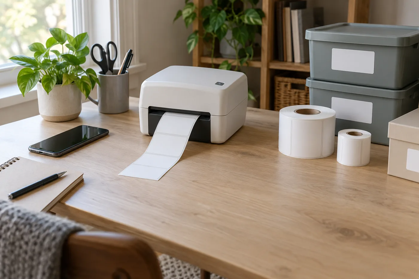 A small American home office with an unbranded label printer, a phone, labeled storage bins, and a clear paper path