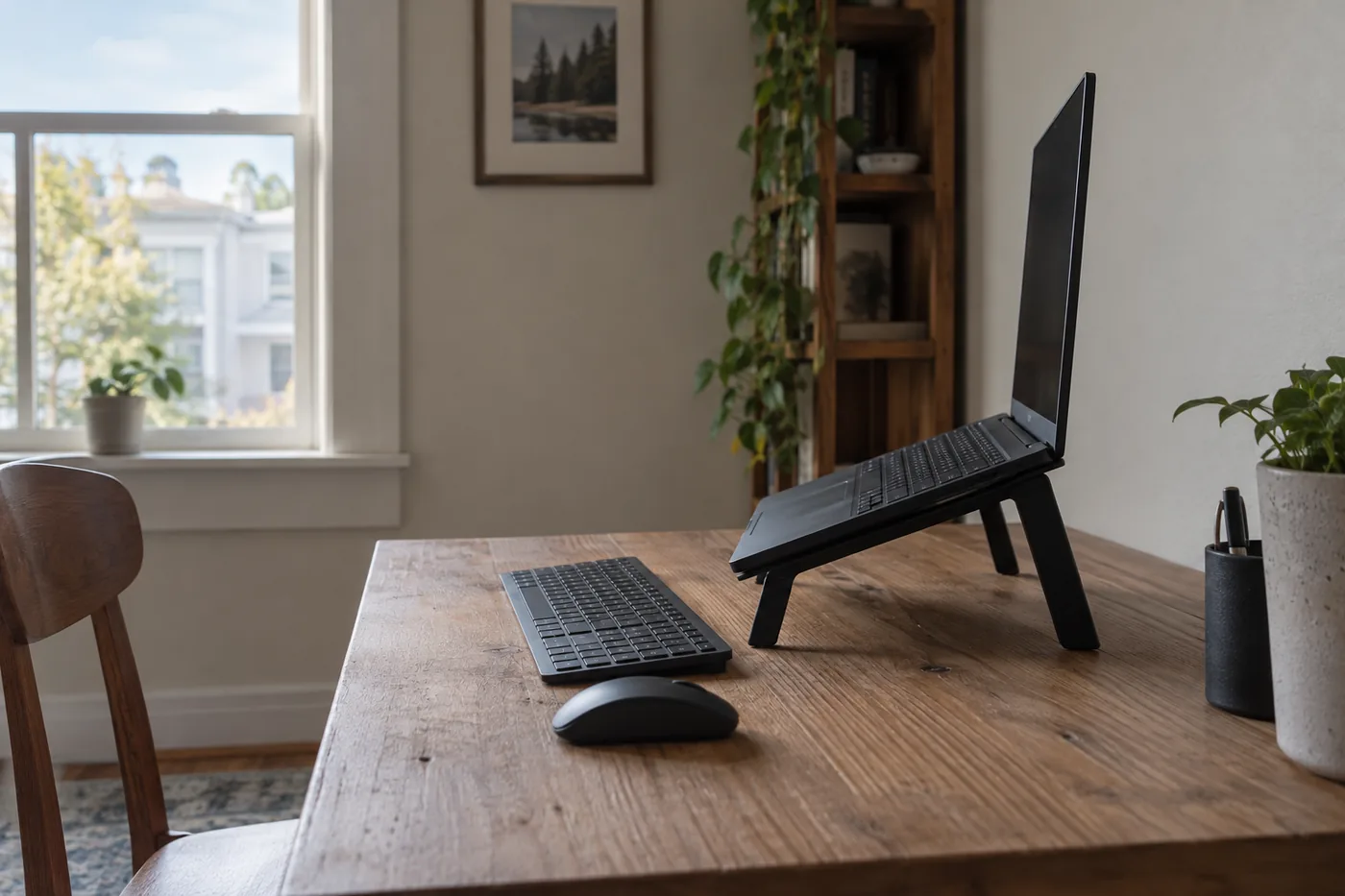 An open laptop on a generic stand with a separate keyboard and mouse on a small American home office desk