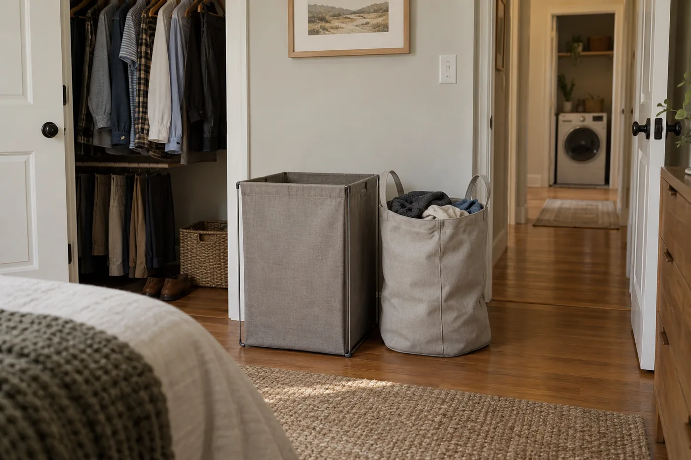 An unbranded laundry hamper beside a bedroom closet, with a removable laundry bag ready for a trip down the hall to the washer