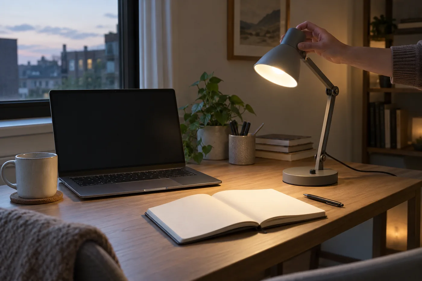 An adjustable desk lamp aimed at a notebook beside a laptop on a small American home office desk