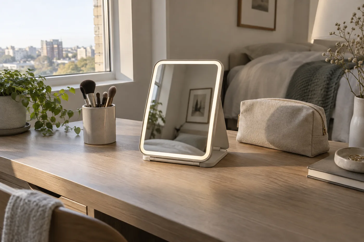 A folding lighted makeup mirror on a bedroom desk near a window, with a brush cup and space to adjust its angle