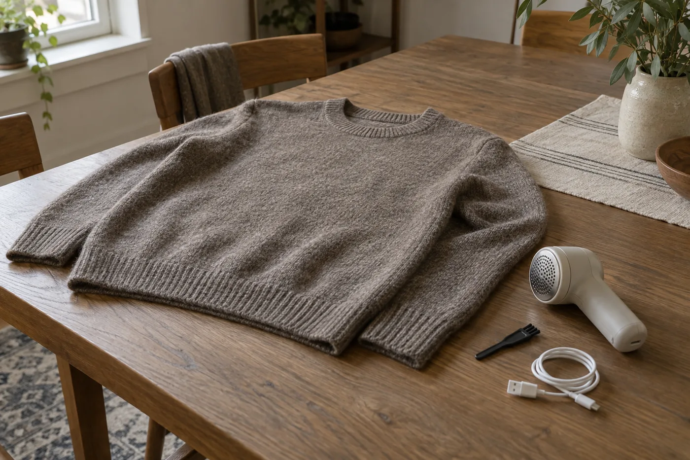 A sweater laid flat on a dining table beside an unbranded fabric shaver, a charging cable, and a small cleaning brush