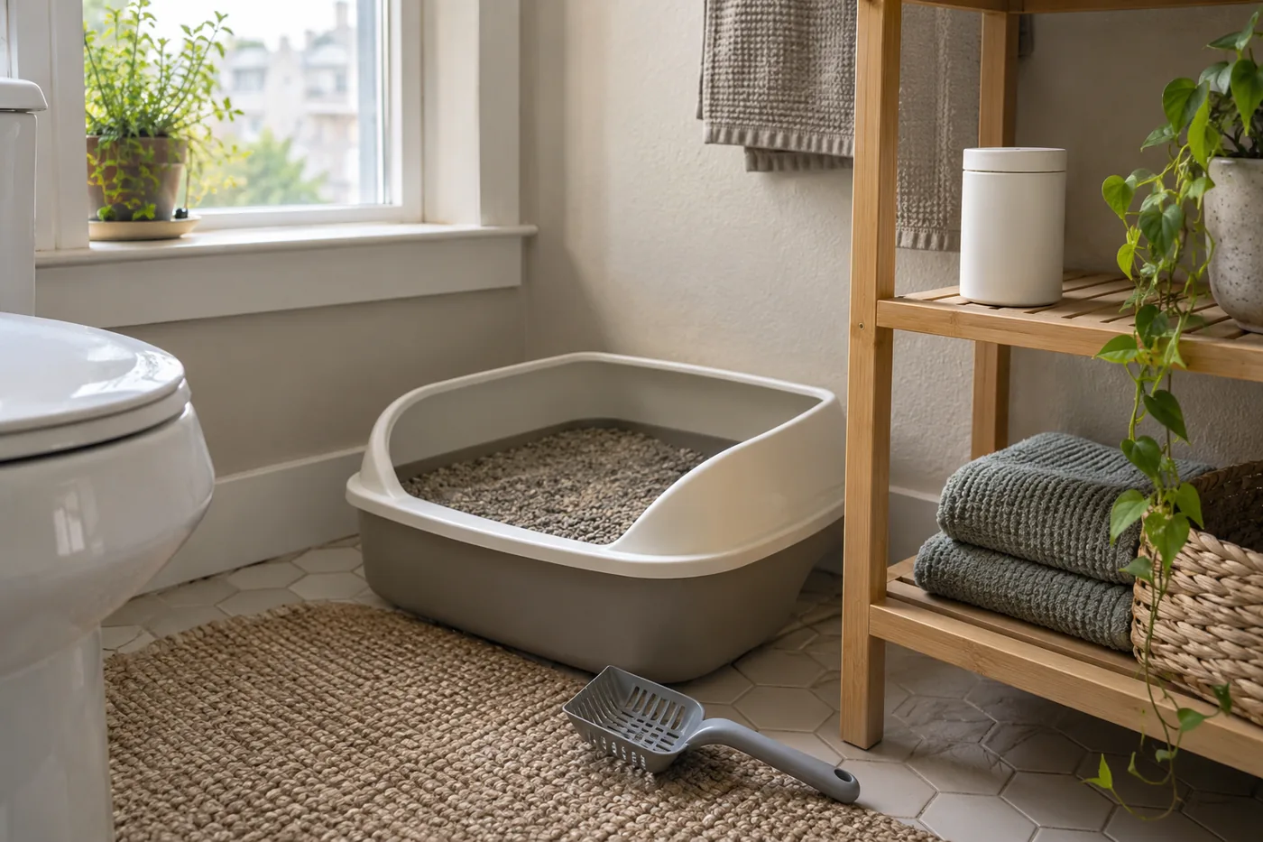 An open litter box in an American apartment bathroom with an unbranded closed deodorizer jar on a dry shelf and a scoop beside the box