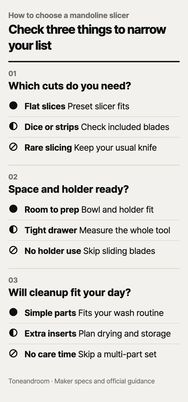 How to choose a mandoline slicer: cut options, space and food holder, cleanup