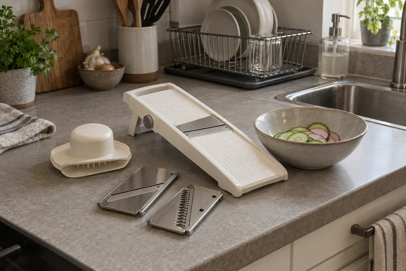 An unbranded mandoline slicer, food holder, and catch bowl arranged beside a drying rack in a small American kitchen