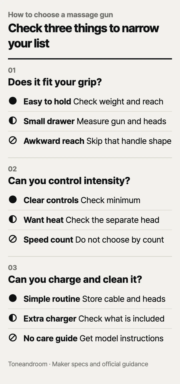 How to choose a massage gun: fit and reach, intensity control, charging and care