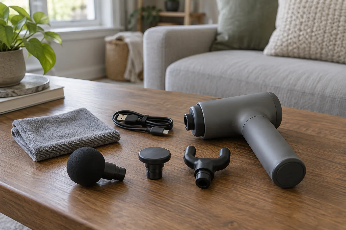 An unbranded massage gun switched off beside a soft cleaning cloth and organized attachments on a living room table