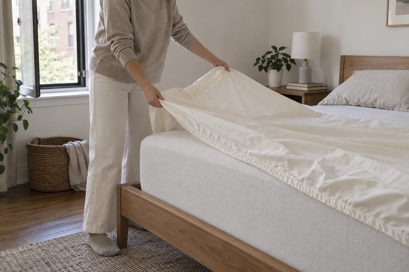 A memory foam mattress on a platform bed in an American apartment, with a washable protector folded nearby and the mattress cover left intact