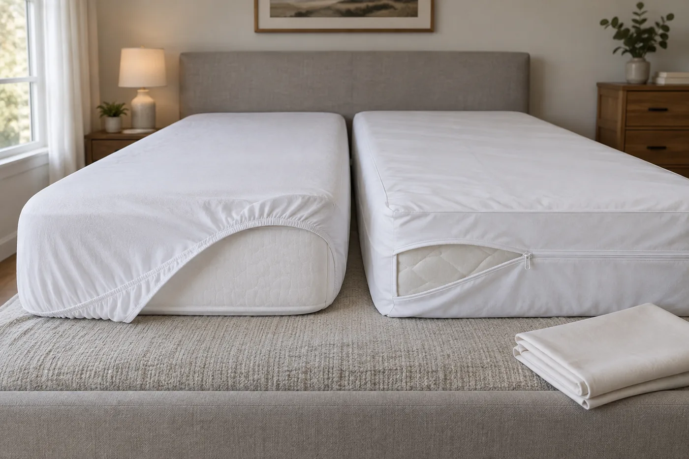 A fitted mattress protector and a zippered encasement shown beside a bed in an American bedroom