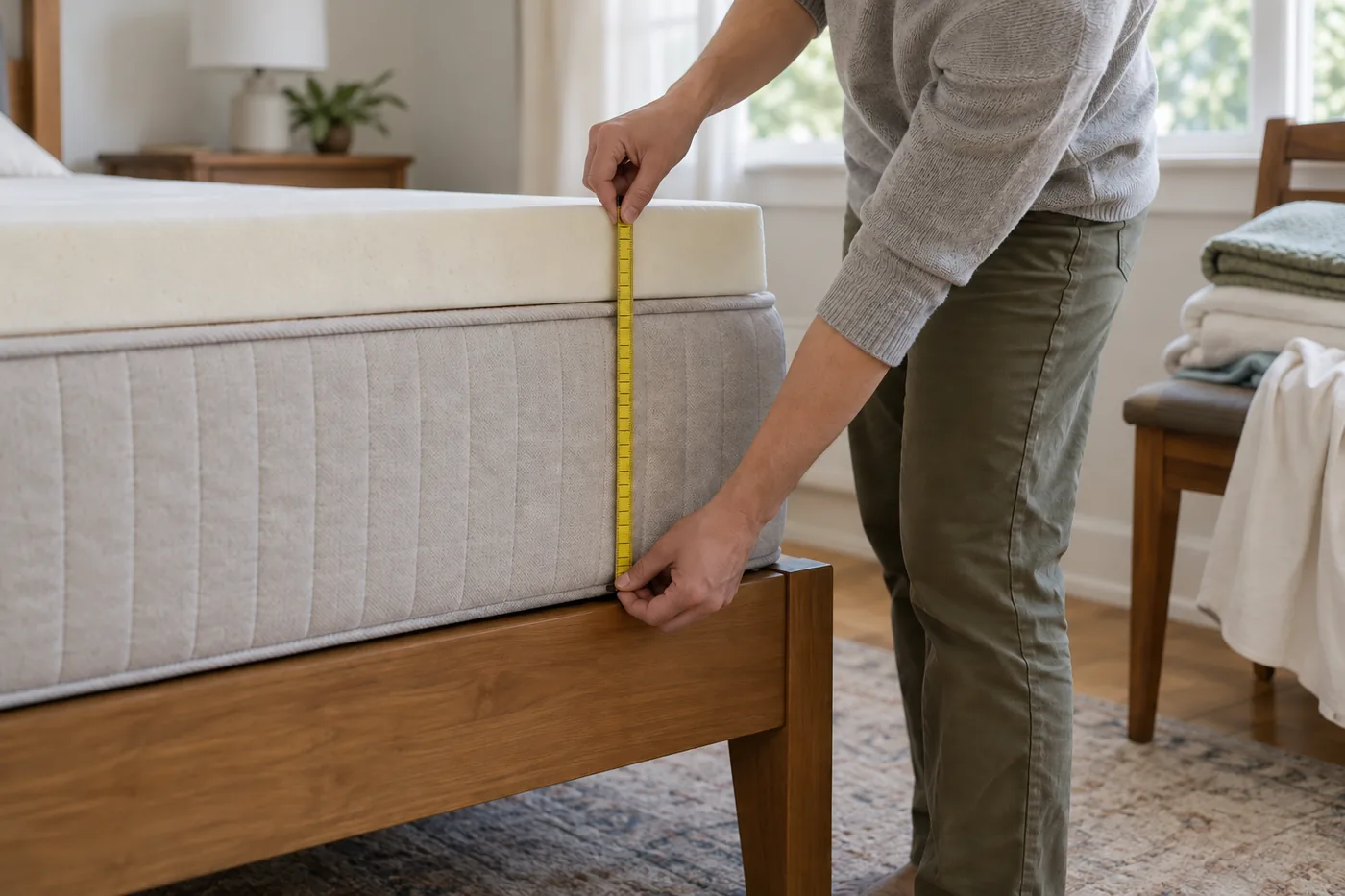 An adult measuring the mattress and topper together before fitting a sheet in a modest American bedroom