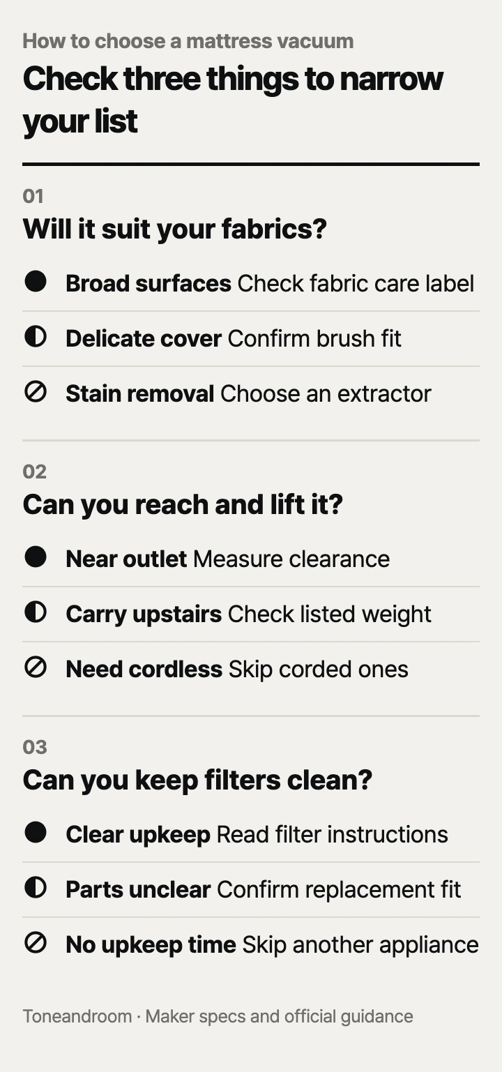 How to choose a mattress vacuum: surface fit, reach and handling, filter upkeep