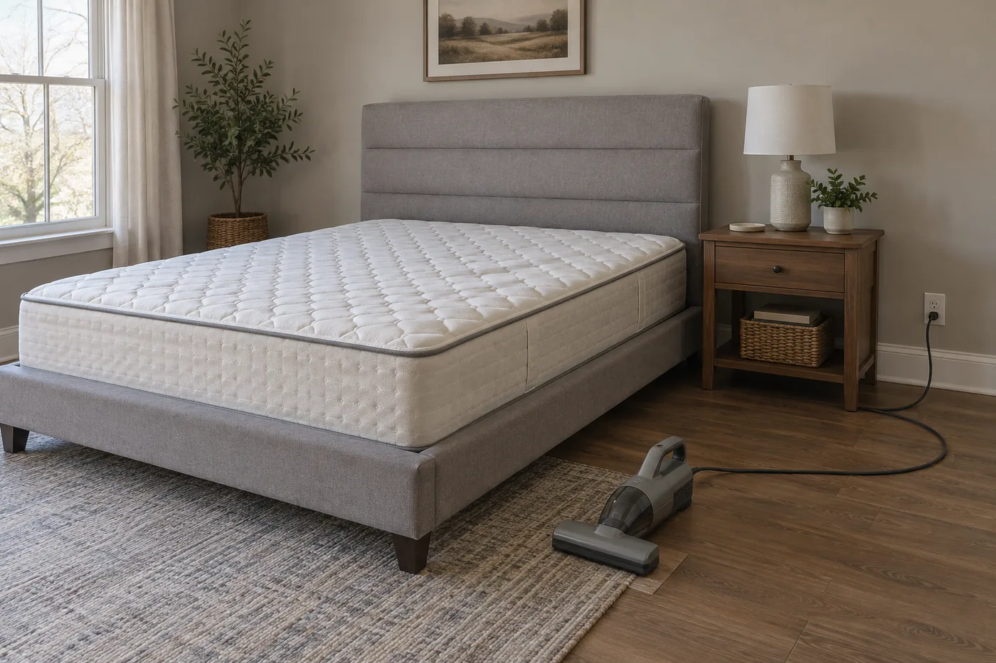 A generic corded mattress vacuum beside a stripped queen bed, with a clear route from the outlet around a nightstand